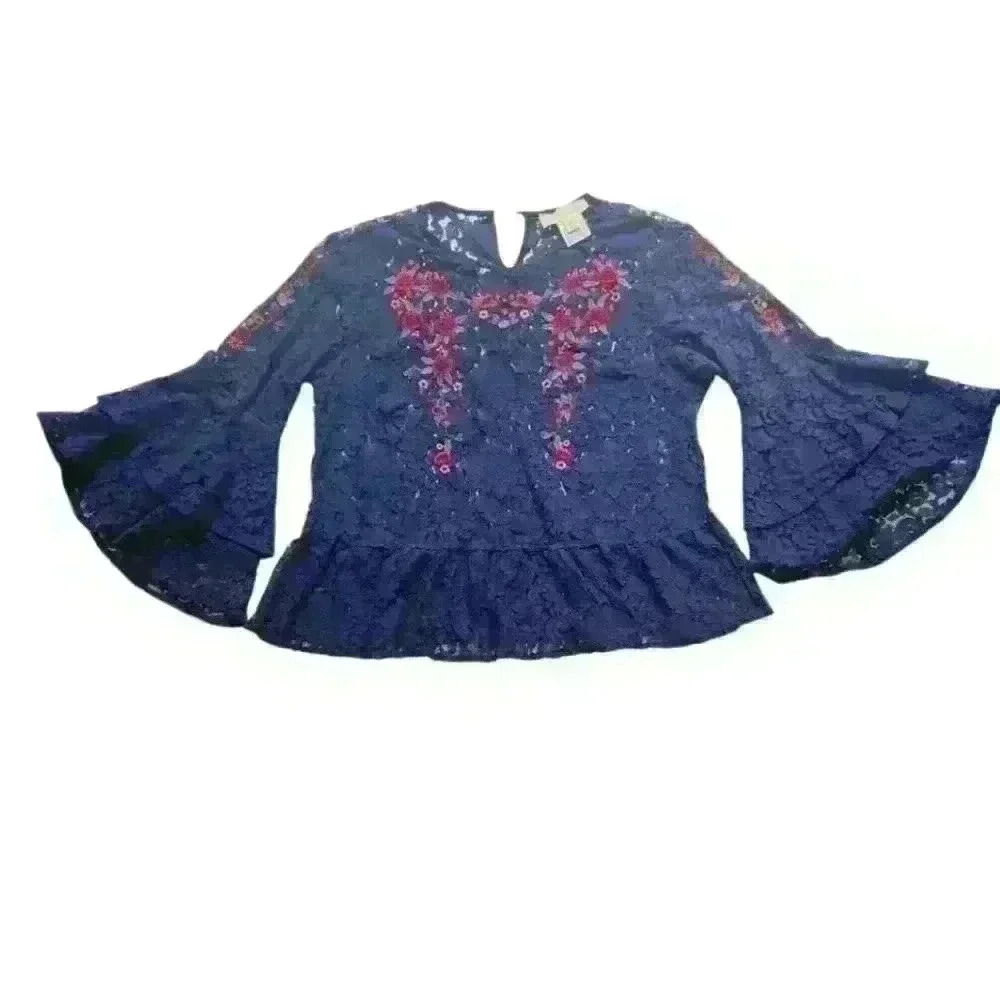 Anthropologie Luna Moon Blue Lace Embroidered with Flowers Size M